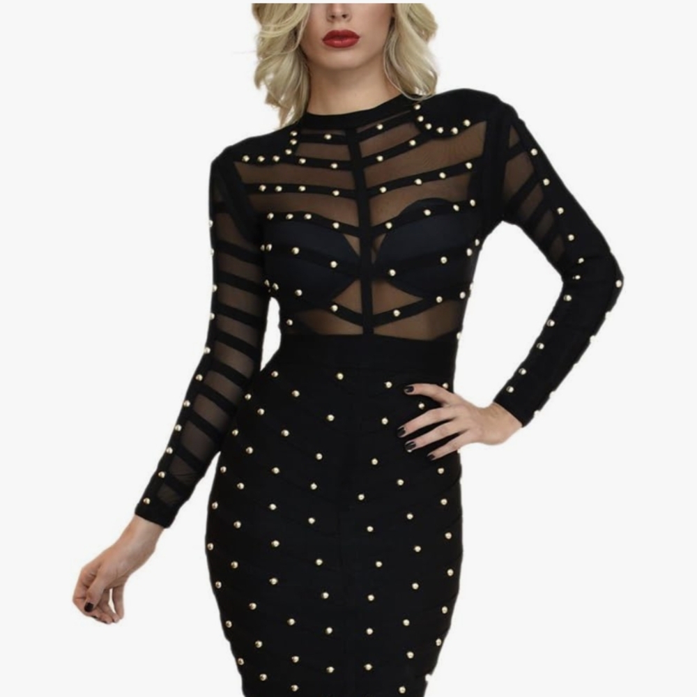 Black and Gold Studded Bodycon Dress